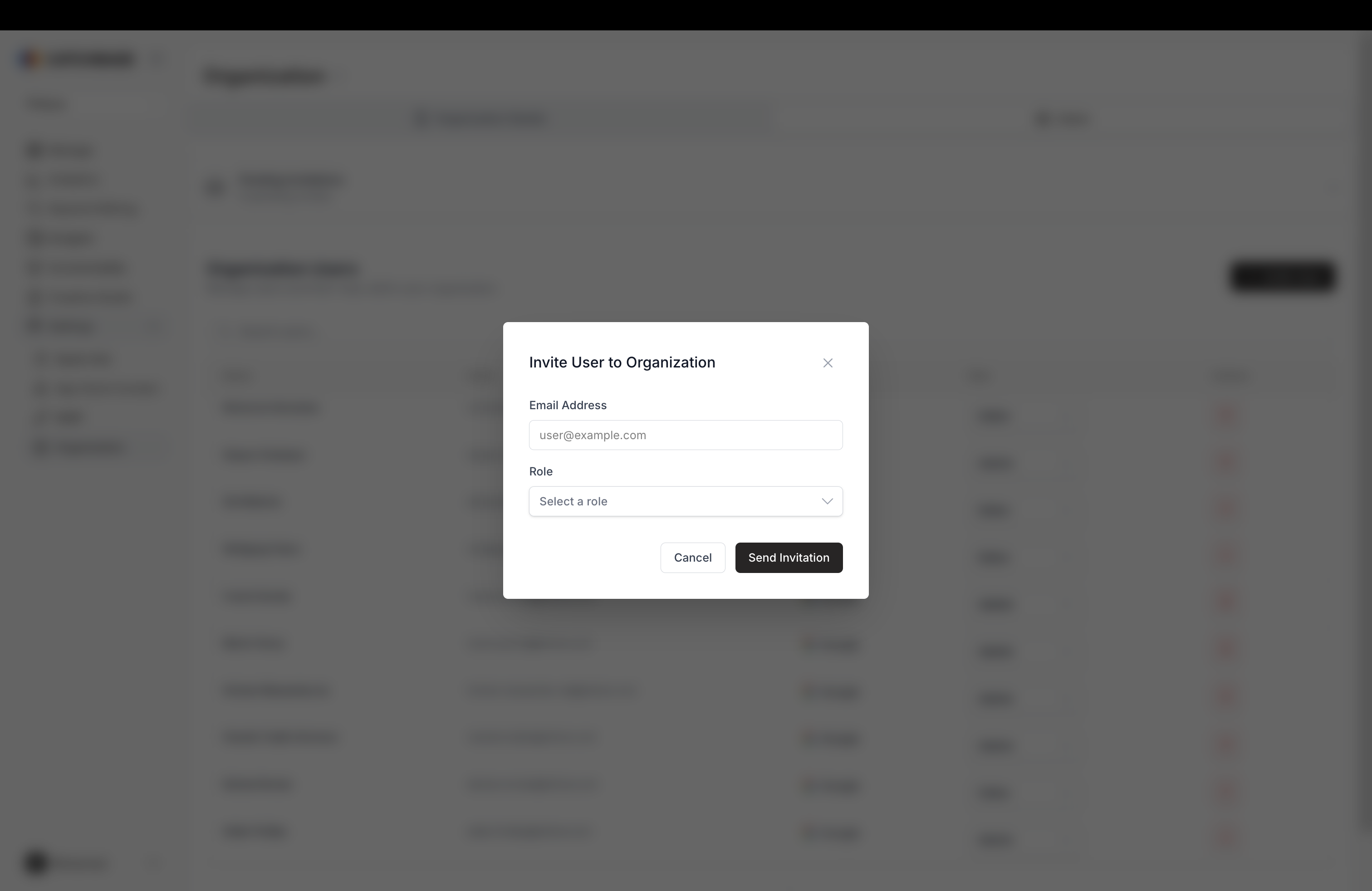 Invite User to Organization modal with email and role fields