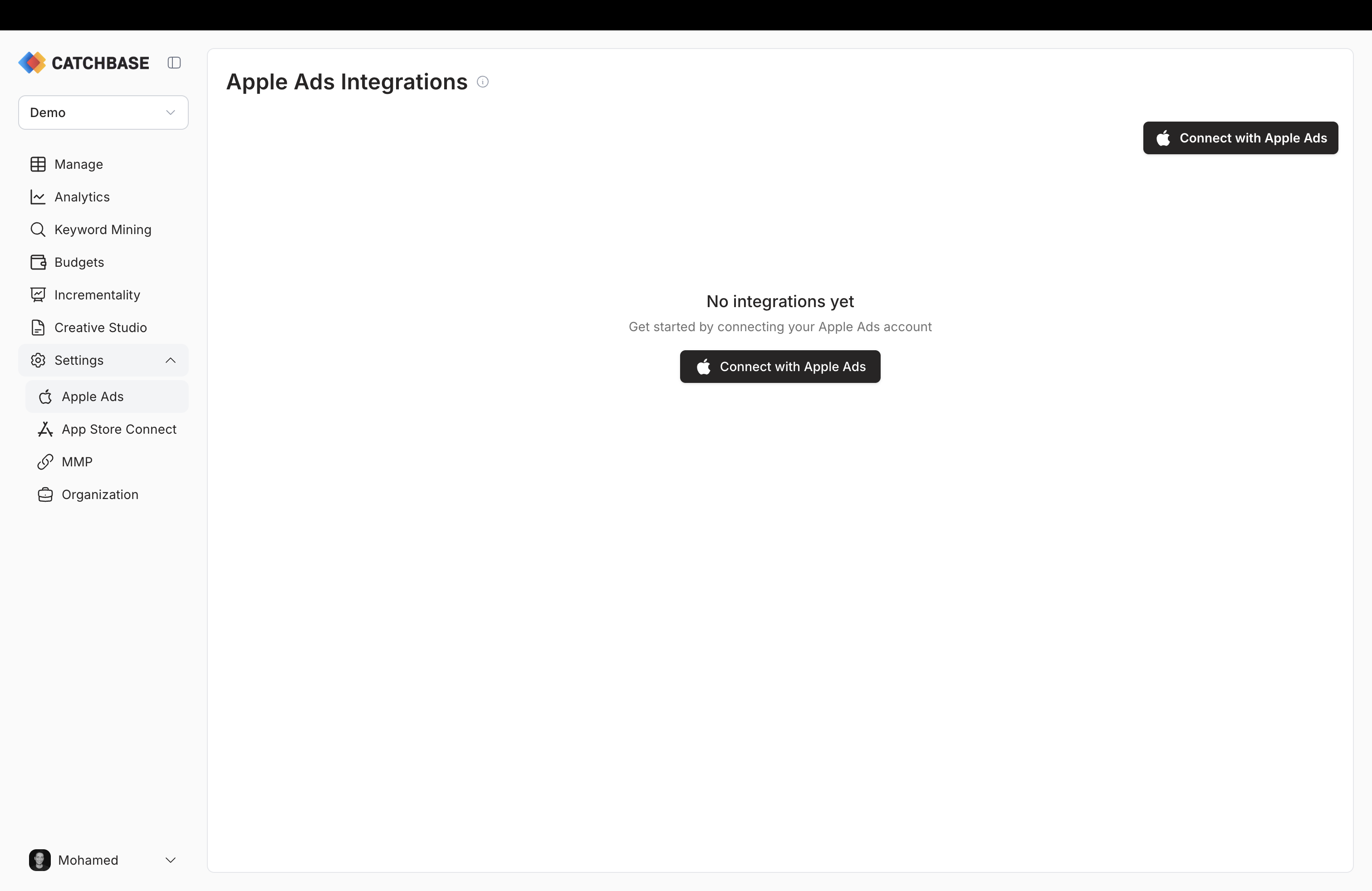 Apple Ads integrations page with the Connect button in the top action bar