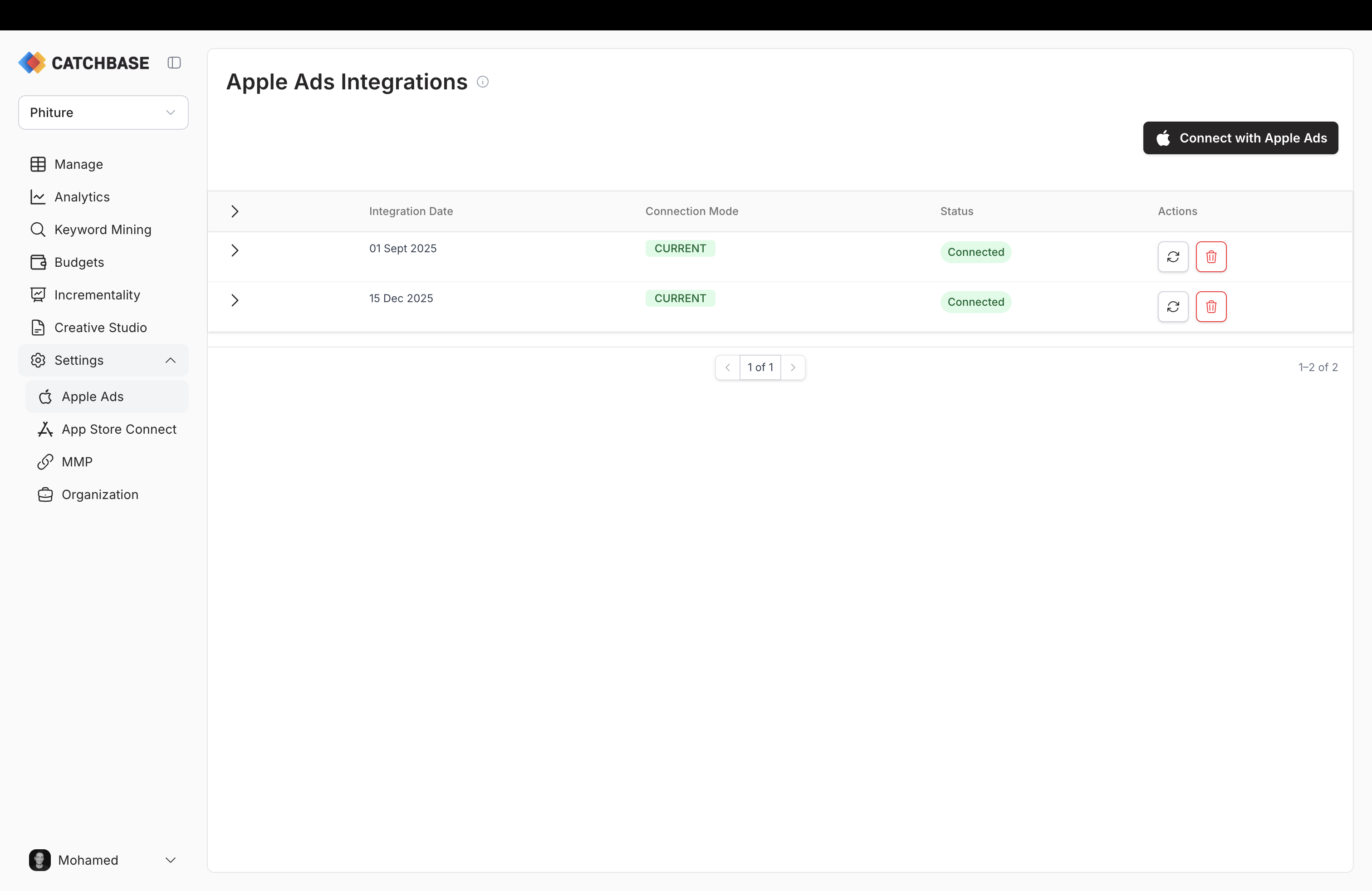 Apple Ads integrations list after connection with Connected status badges