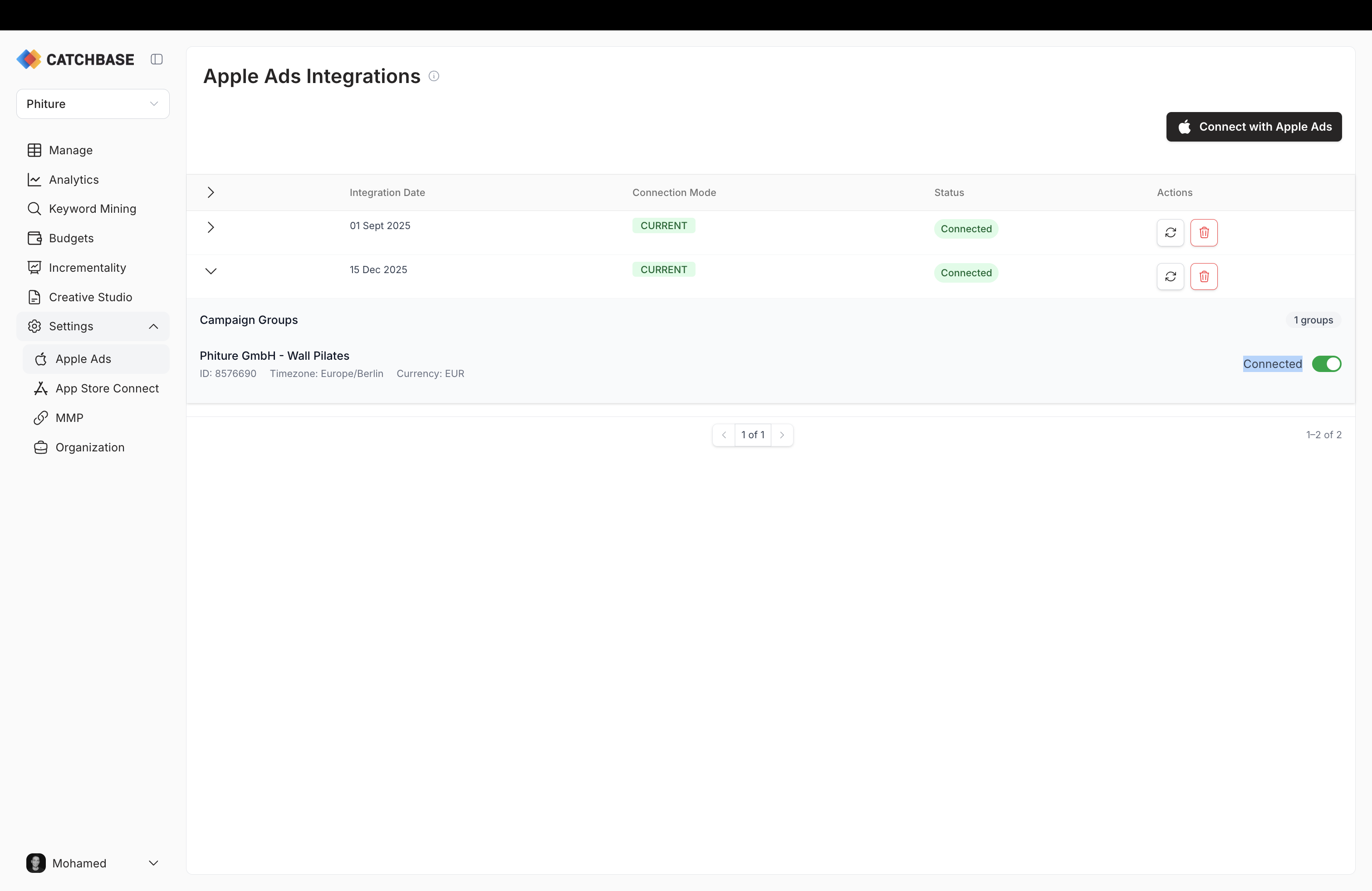 Apple Ads integrations list with a row expanded to reveal its campaign groups and per-group Connected toggle
