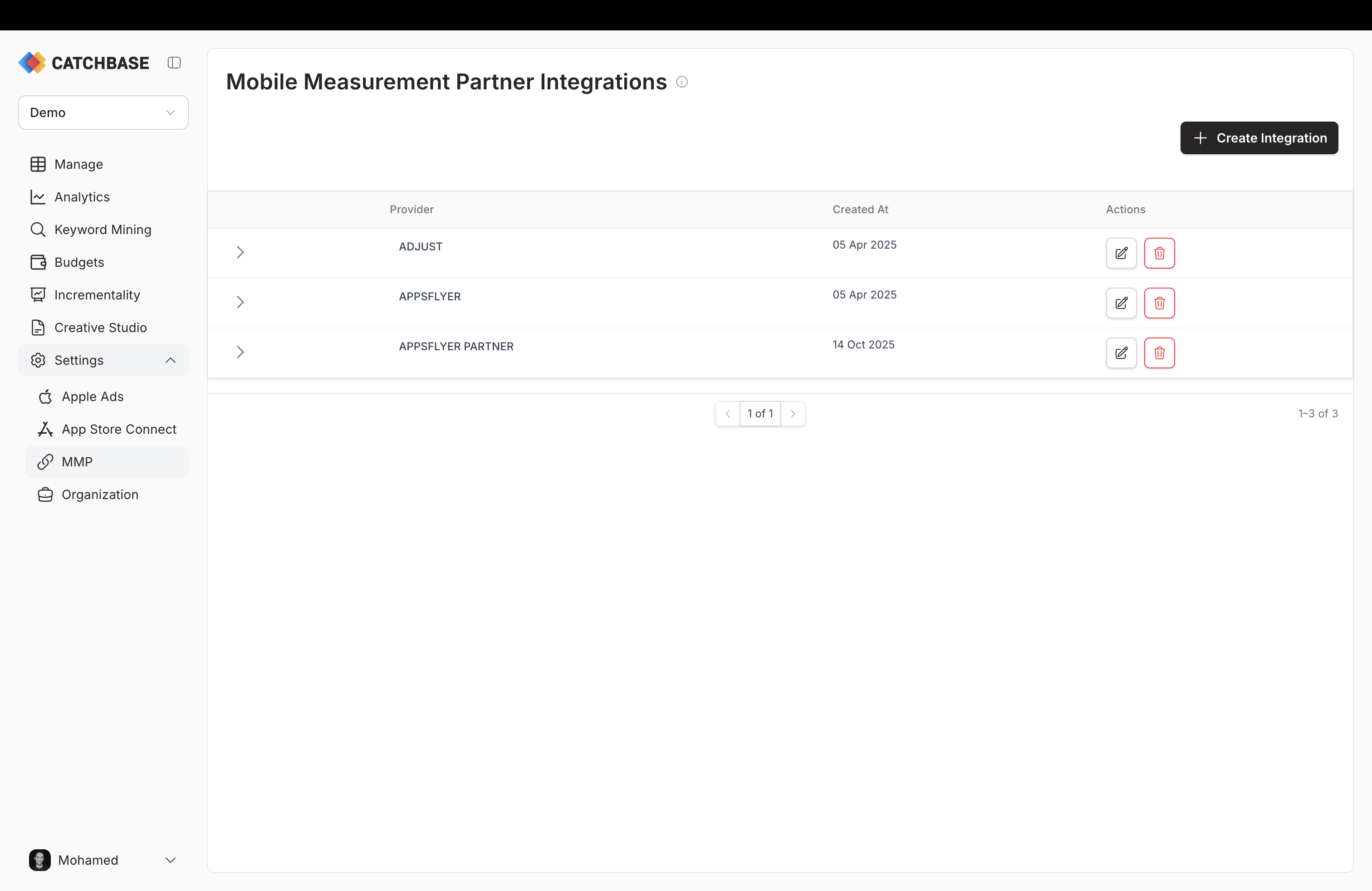 Mobile Measurement Partner integrations list with the Create Integration button