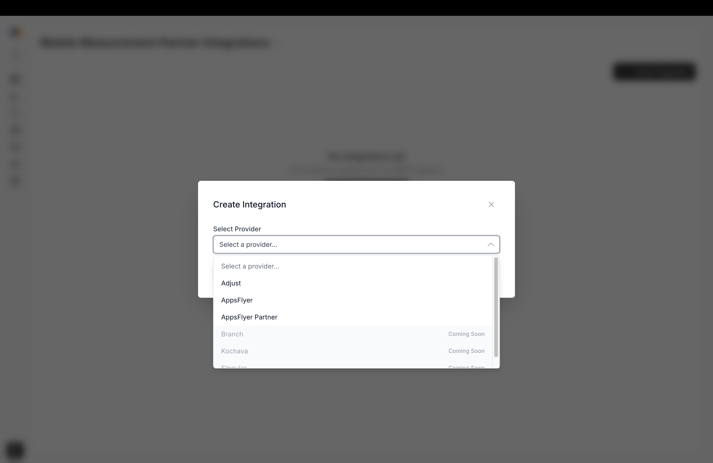 Create Integration modal with the provider dropdown open and Adjust visible
