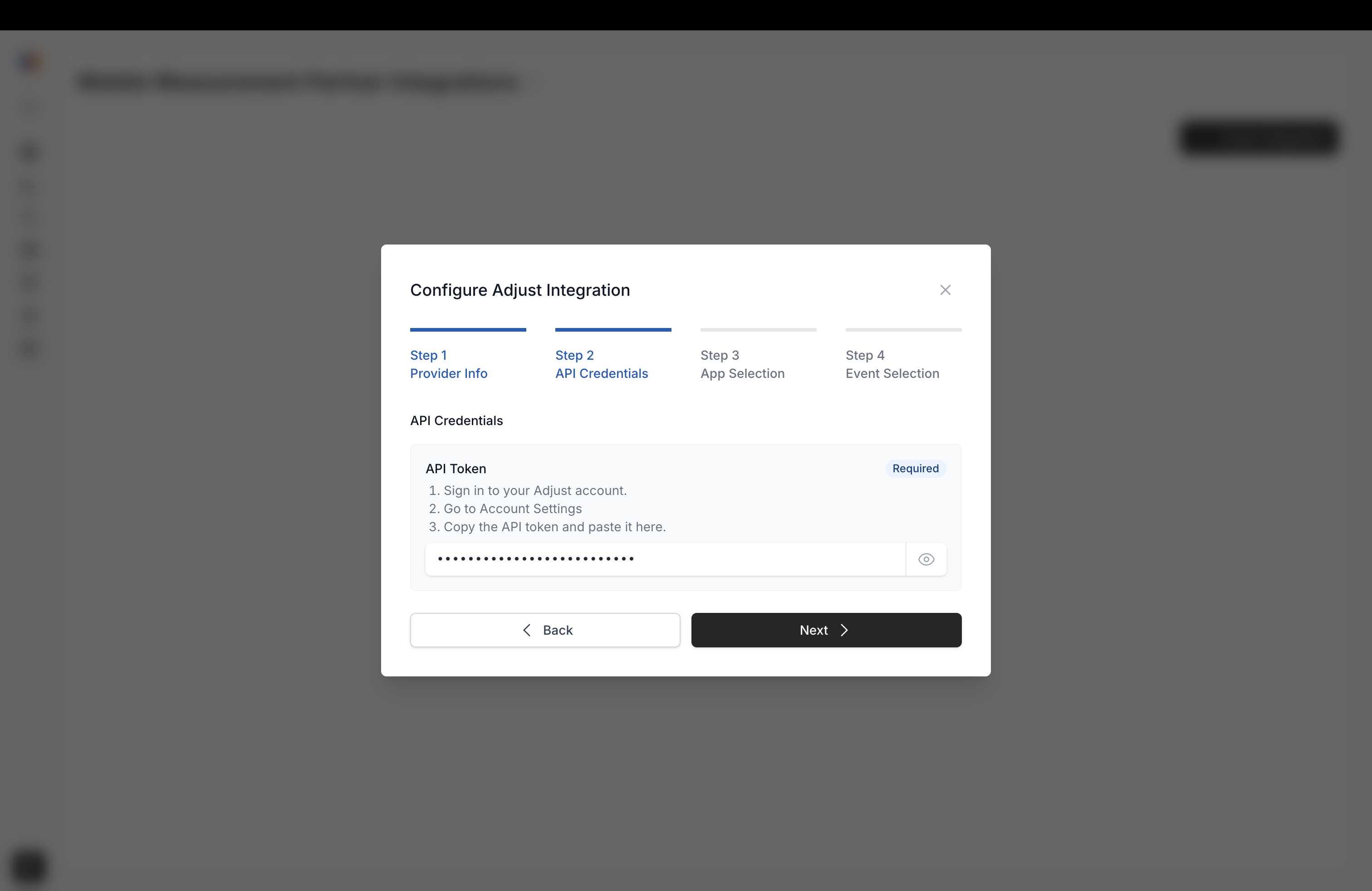 Configure Adjust Integration Step 2 API Credentials with API Token field