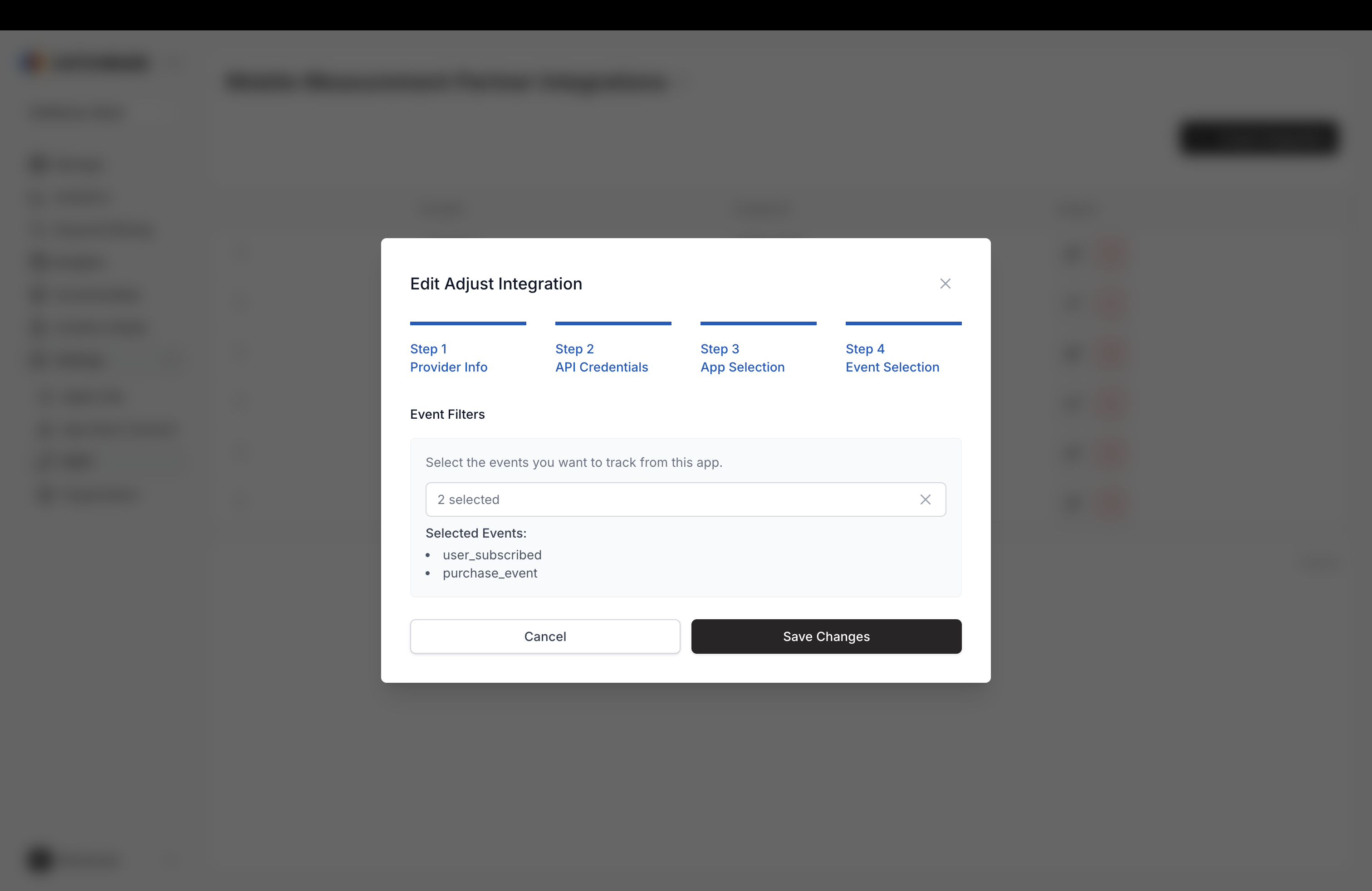 Adjust integration Step 4 Event Selection with two events selected