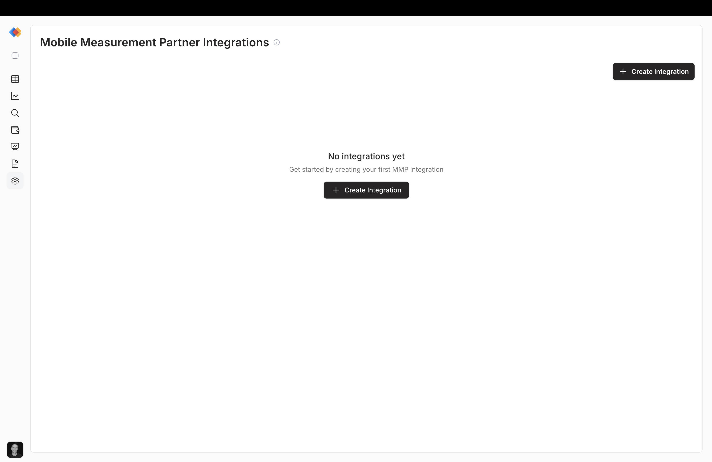 Mobile Measurement Partner integrations empty state with the Create Integration button
