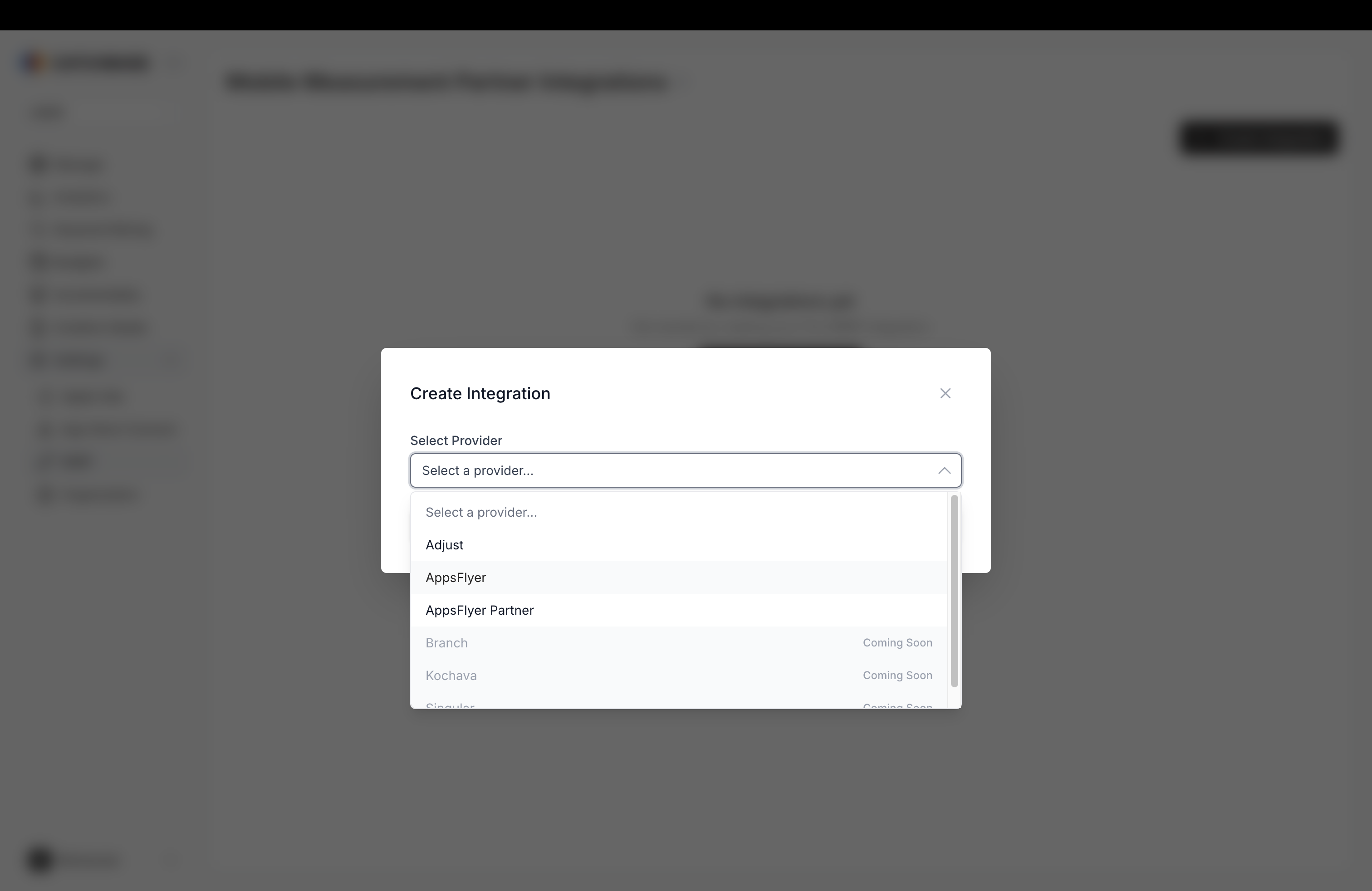 Create Integration modal with AppsFlyer and AppsFlyer Partner in the provider dropdown