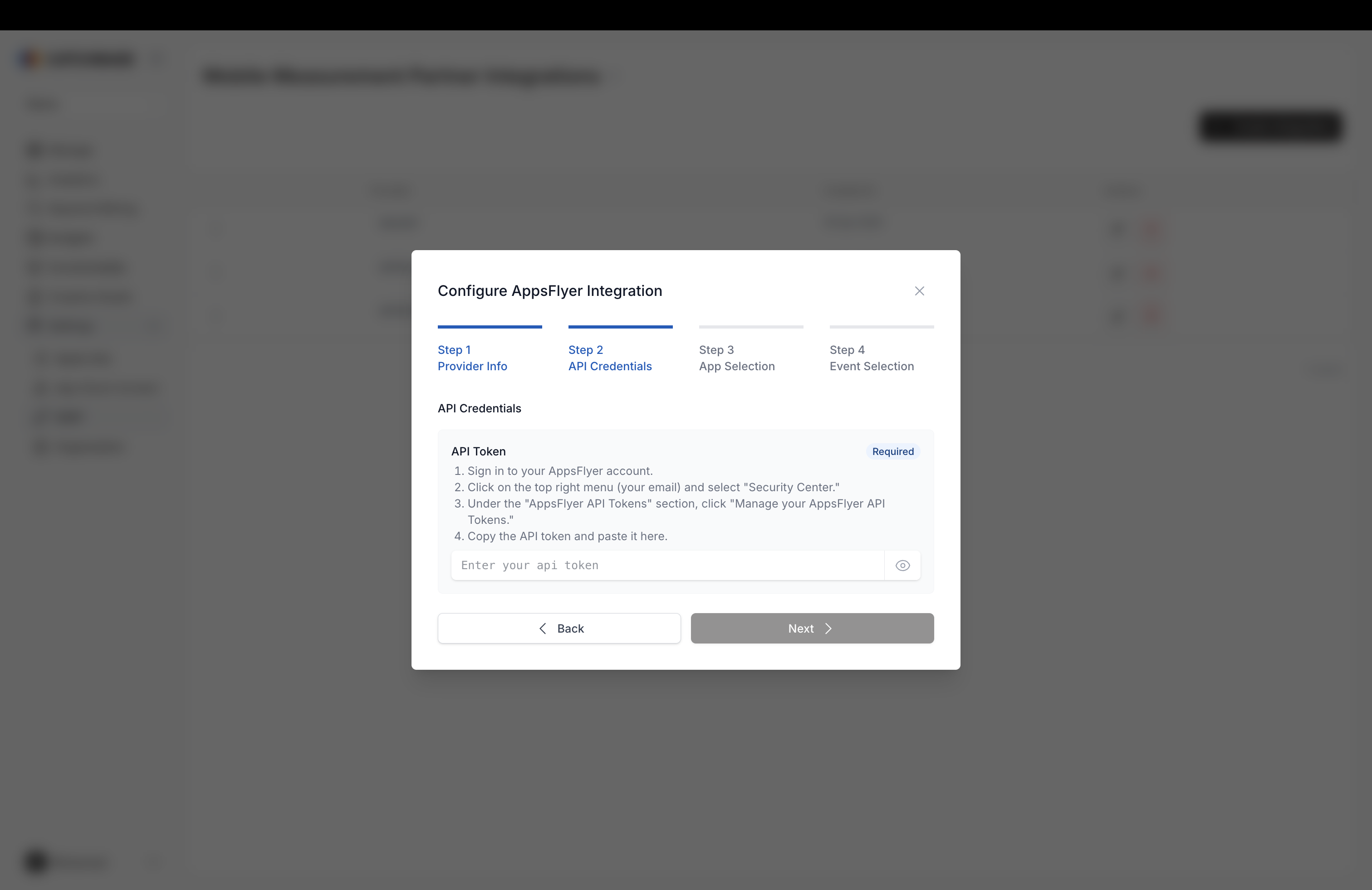 Configure AppsFlyer Integration Step 2 API Credentials with API Token field