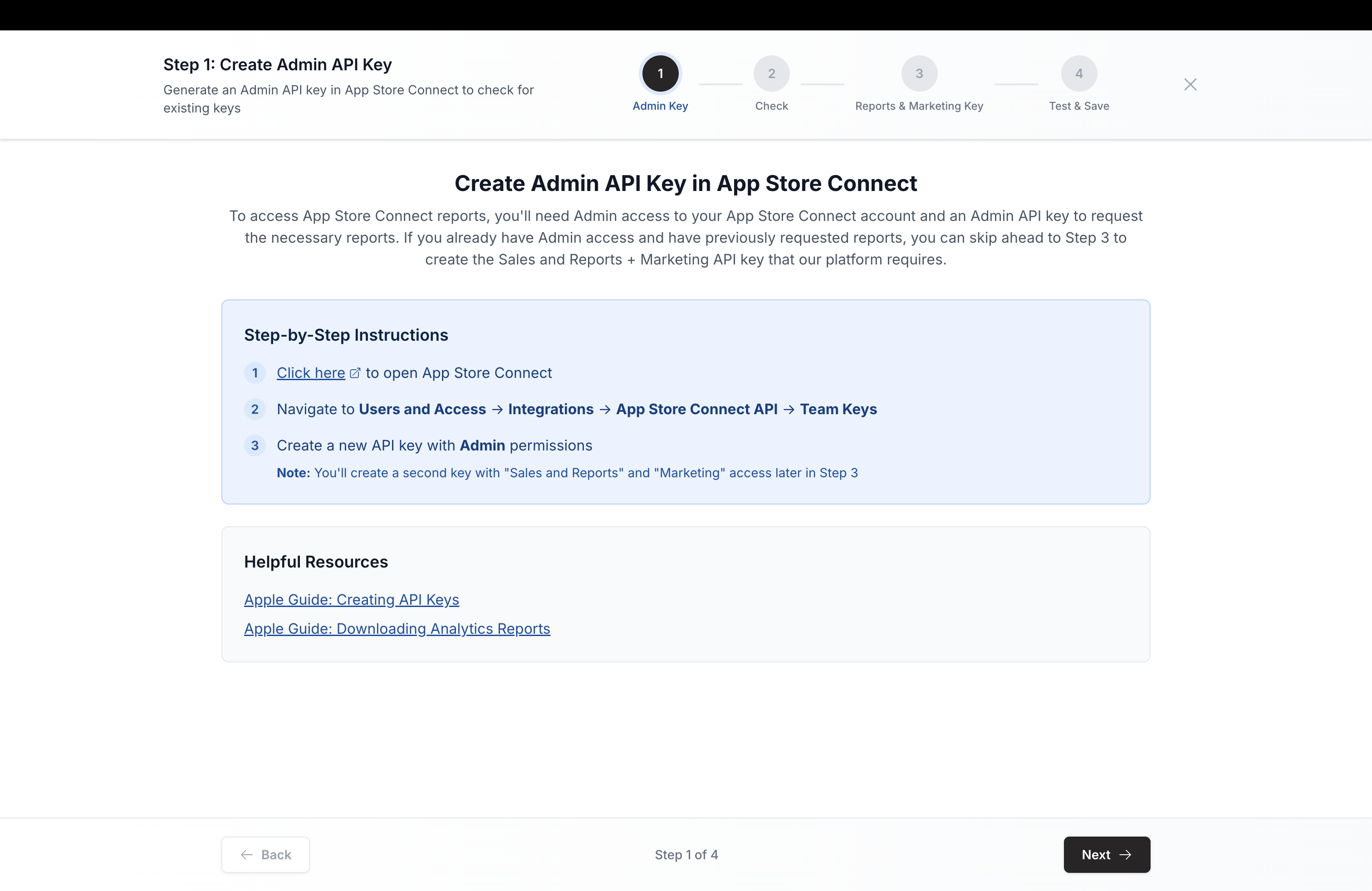 App Store Connect wizard Step 1, Create Admin API Key instructions