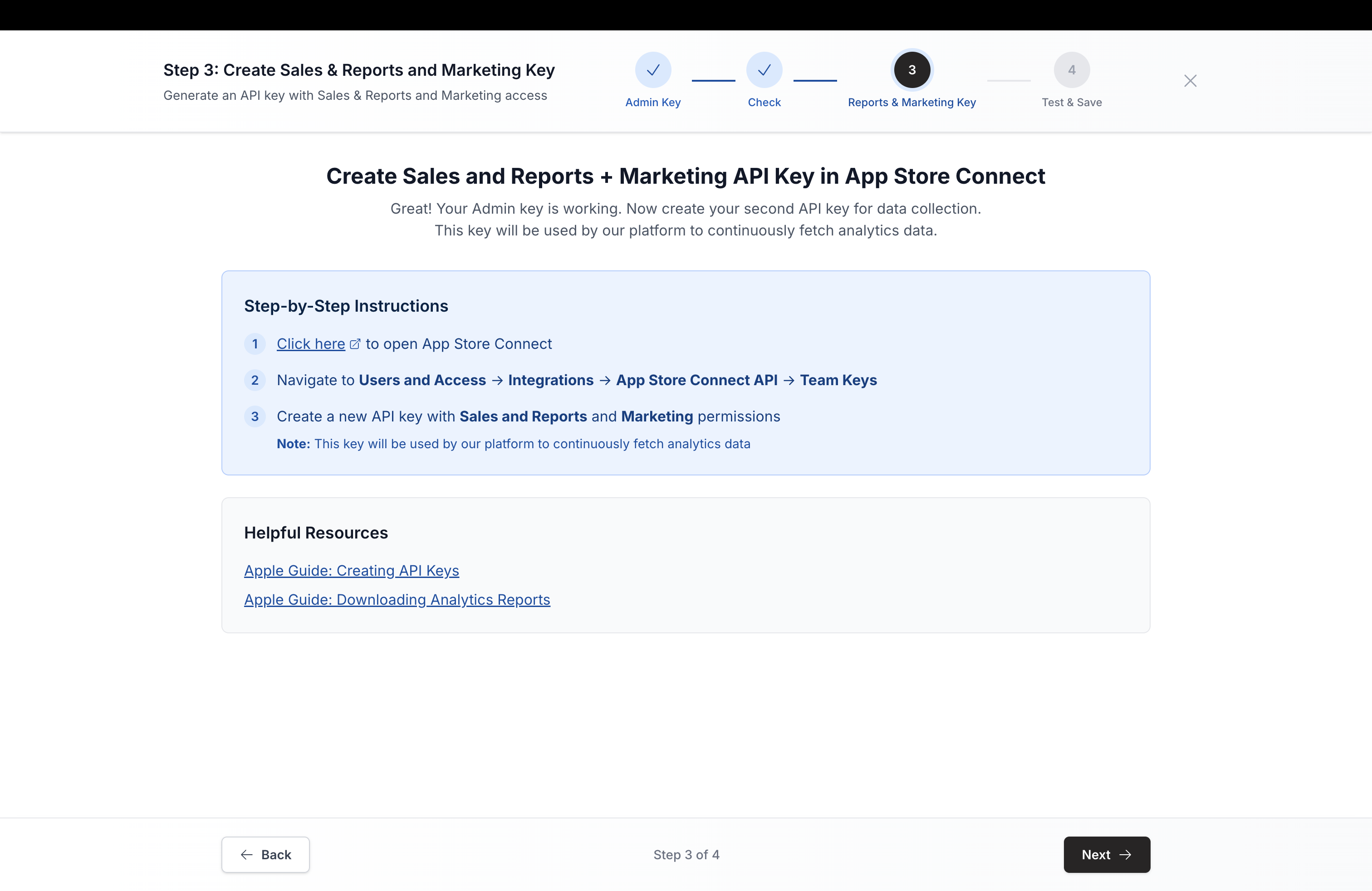 App Store Connect wizard Step 3, Create Sales and Reports and Marketing API Key instructions