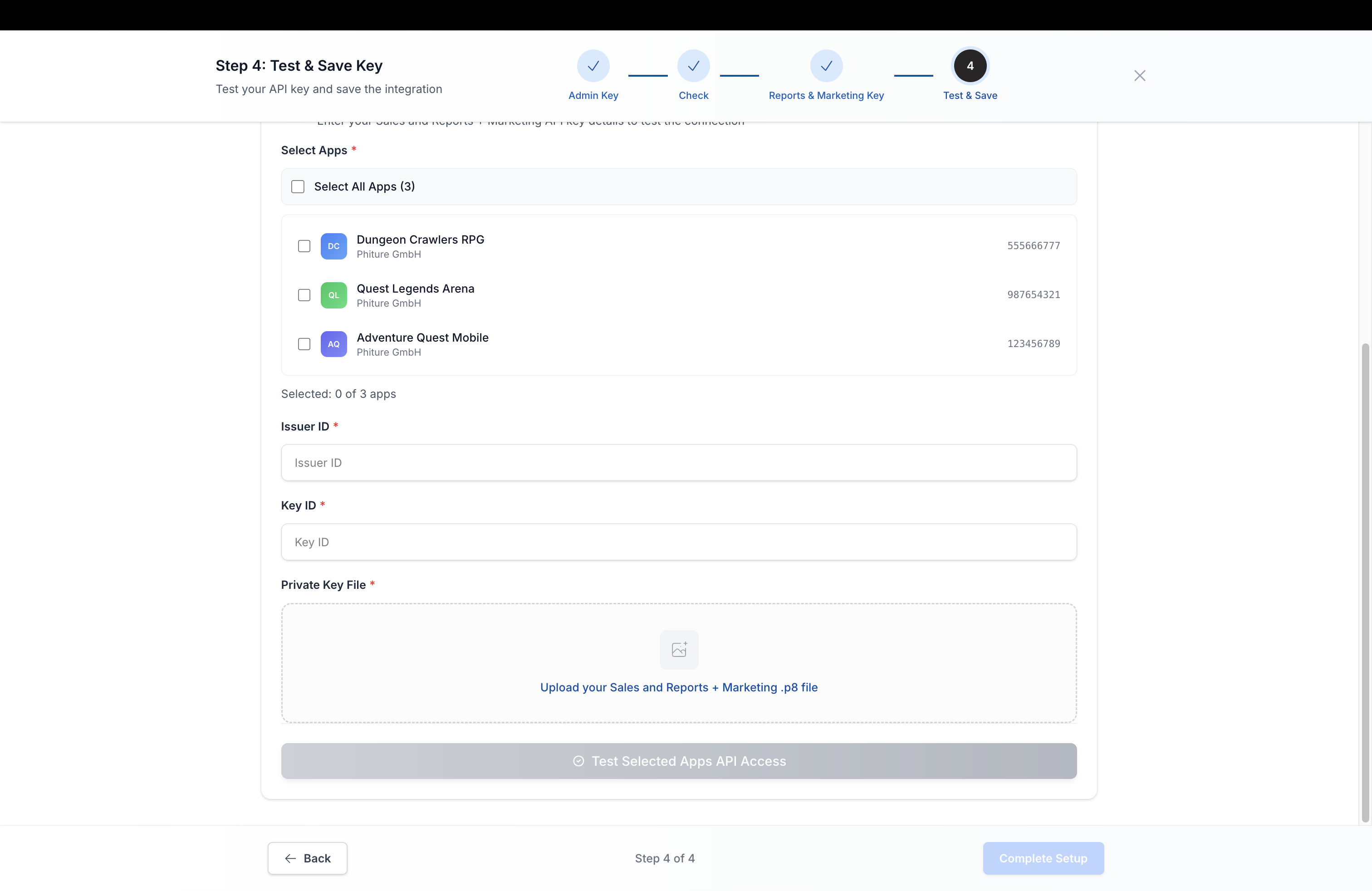 App Store Connect wizard Step 4, Test and Save Key with issuer ID, key ID, and private key upload fields