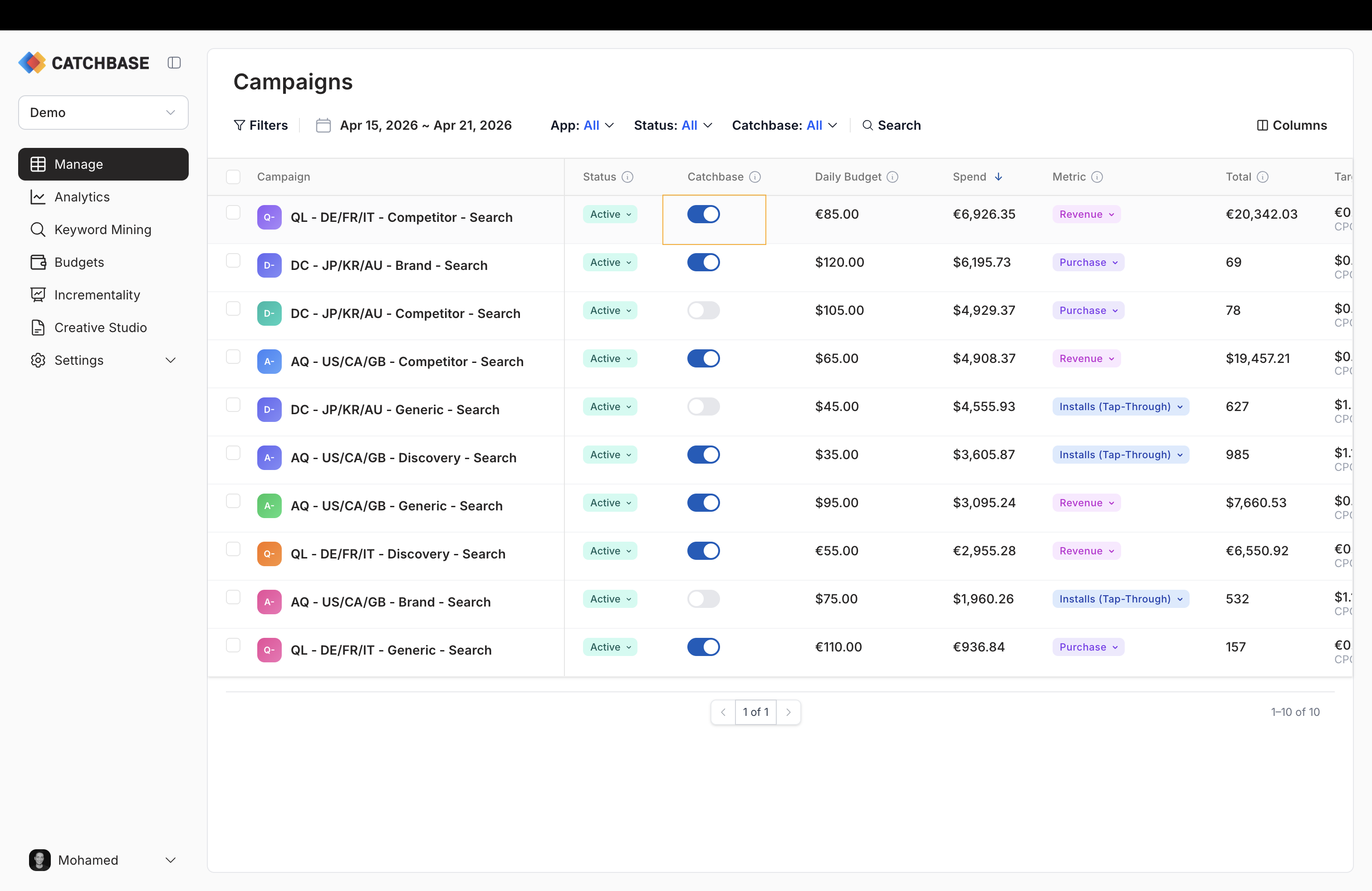 Campaigns list with the Catchbase status toggle focused on one row