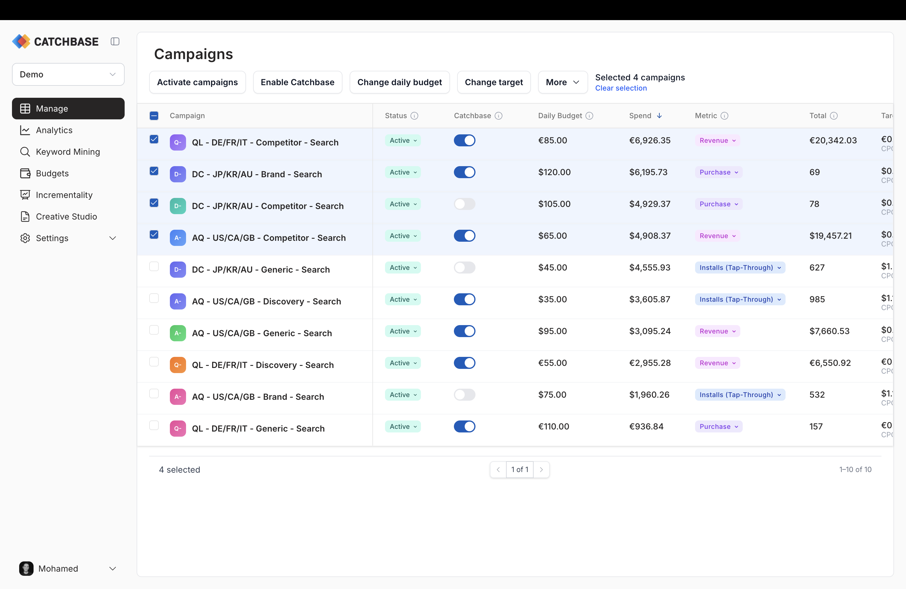 Campaigns list with rows selected showing the bulk actions bar