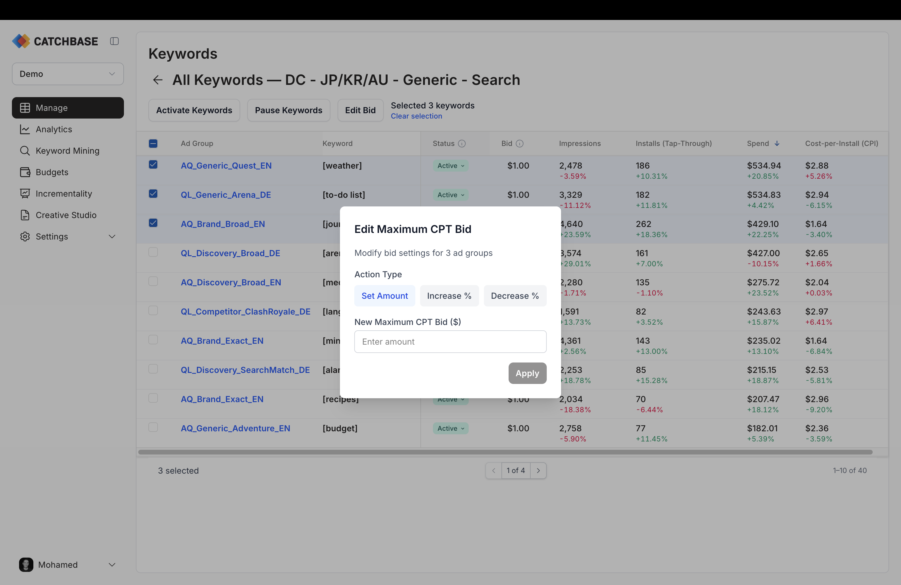 Keyword table with three rows selected, bulk action bar visible, and the Edit Maximum CPT Bid modal open with Set Amount, Increase %, and Decrease % actions