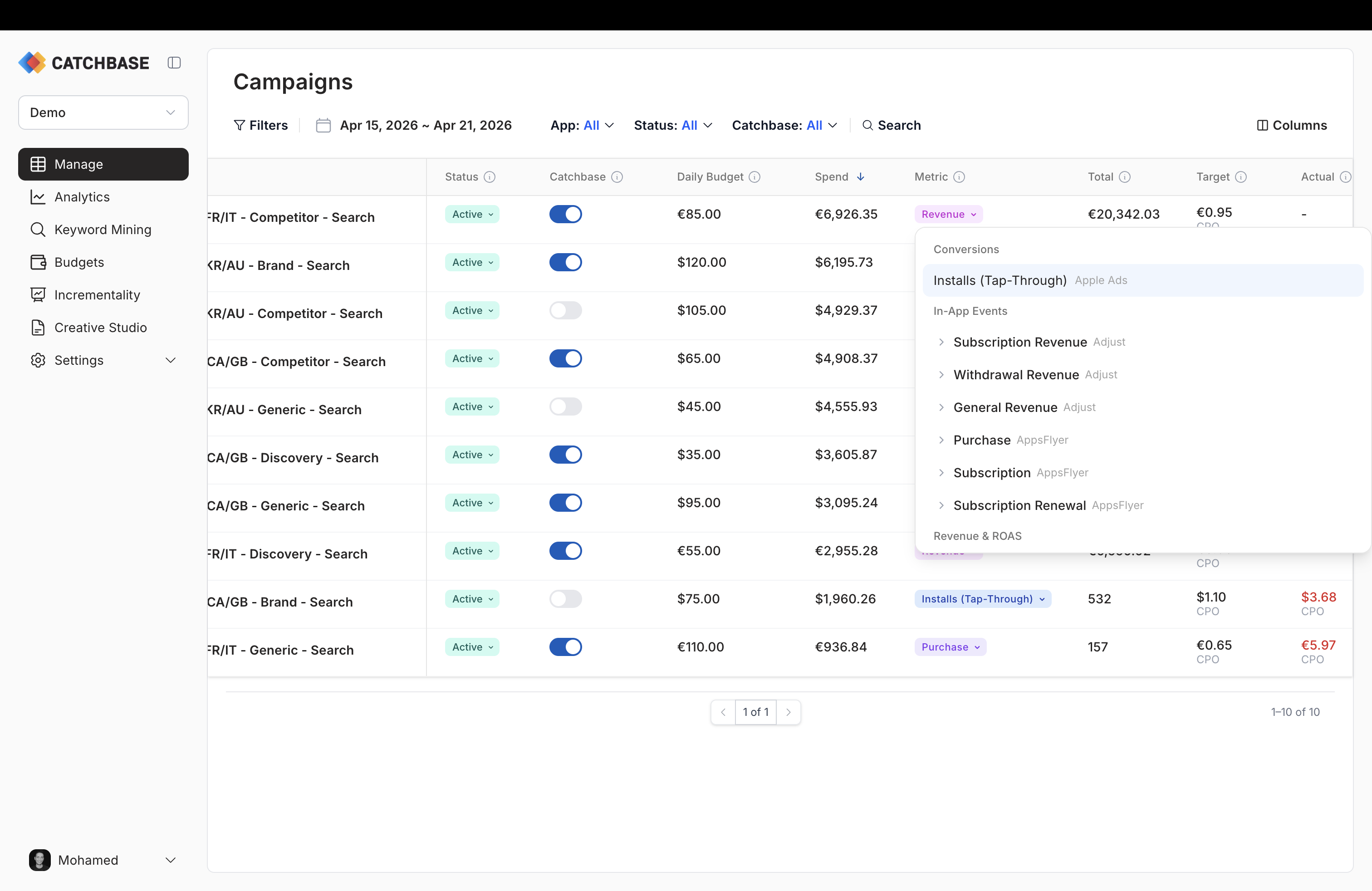 Objective dropdown open showing Conversions, In-App Events, and Revenue and ROAS