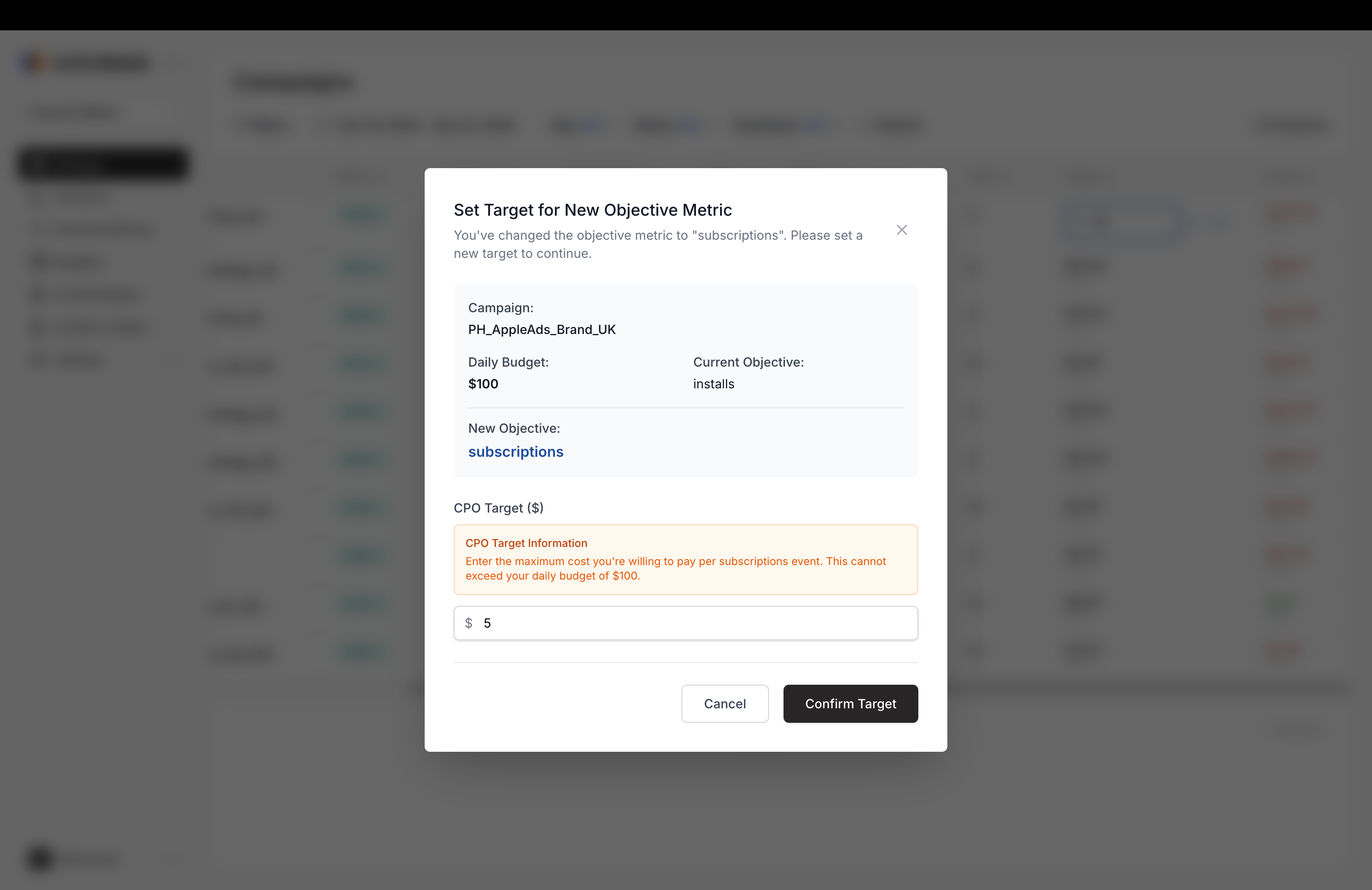 Set Target for New Objective Metric modal showing campaign name, daily budget, current and new objective, and the CPO Target input with an inline note explaining the value cannot exceed the daily budget