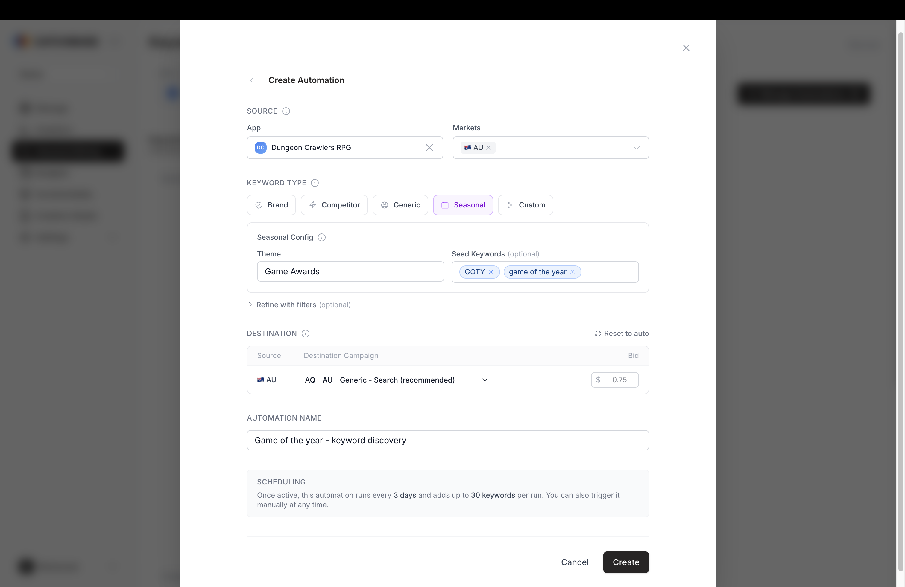 Create Automation modal with Source (app + markets), Keyword Type (Brand, Competitor, Generic, Seasonal, Custom), Seasonal Config, Destination routing with bid, Automation Name, and Scheduling